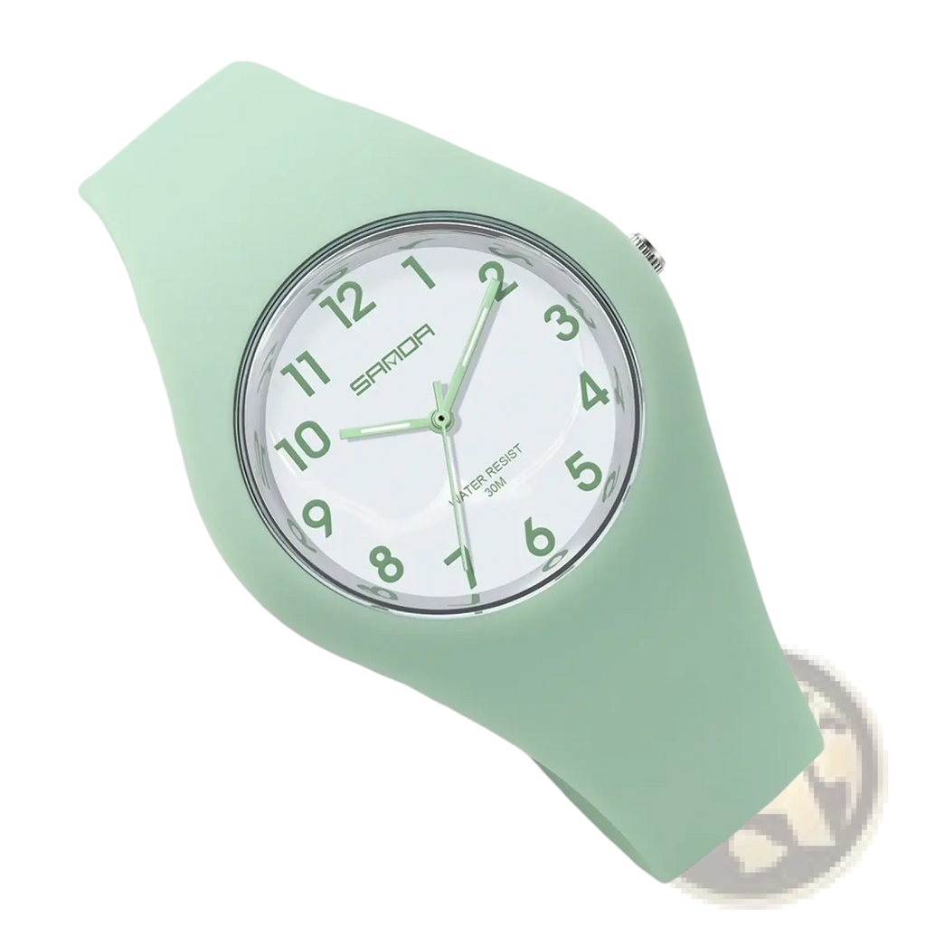 Sanda kids silicone quartz watch with a mint green silicone strap and white face with matching mint hands