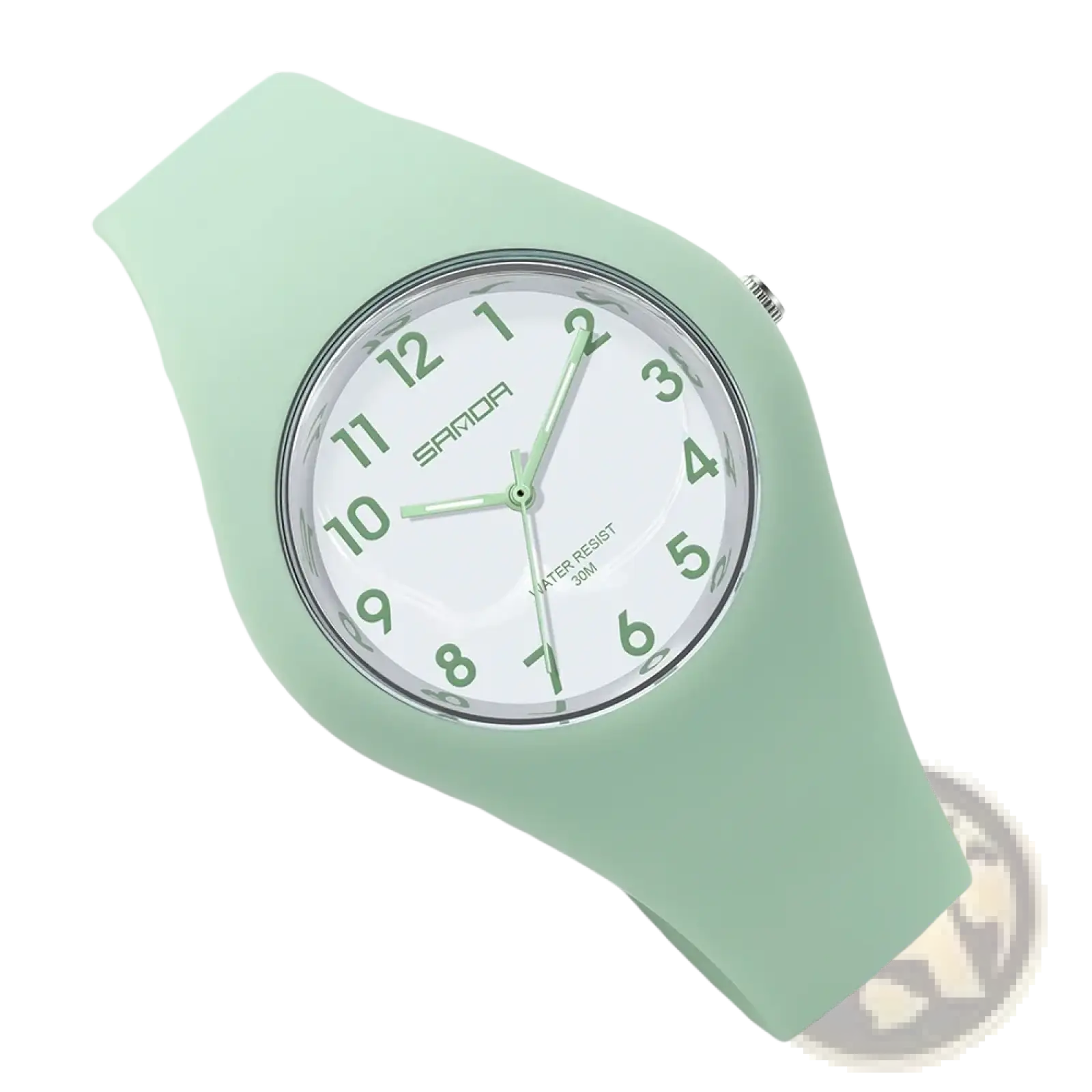 Sanda kids silicone quartz watch with a mint green silicone strap and white face with matching mint hands