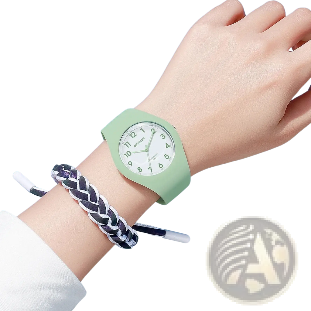 Sanda kids silicone quartz watch with mint green silicone band white face and black numerals