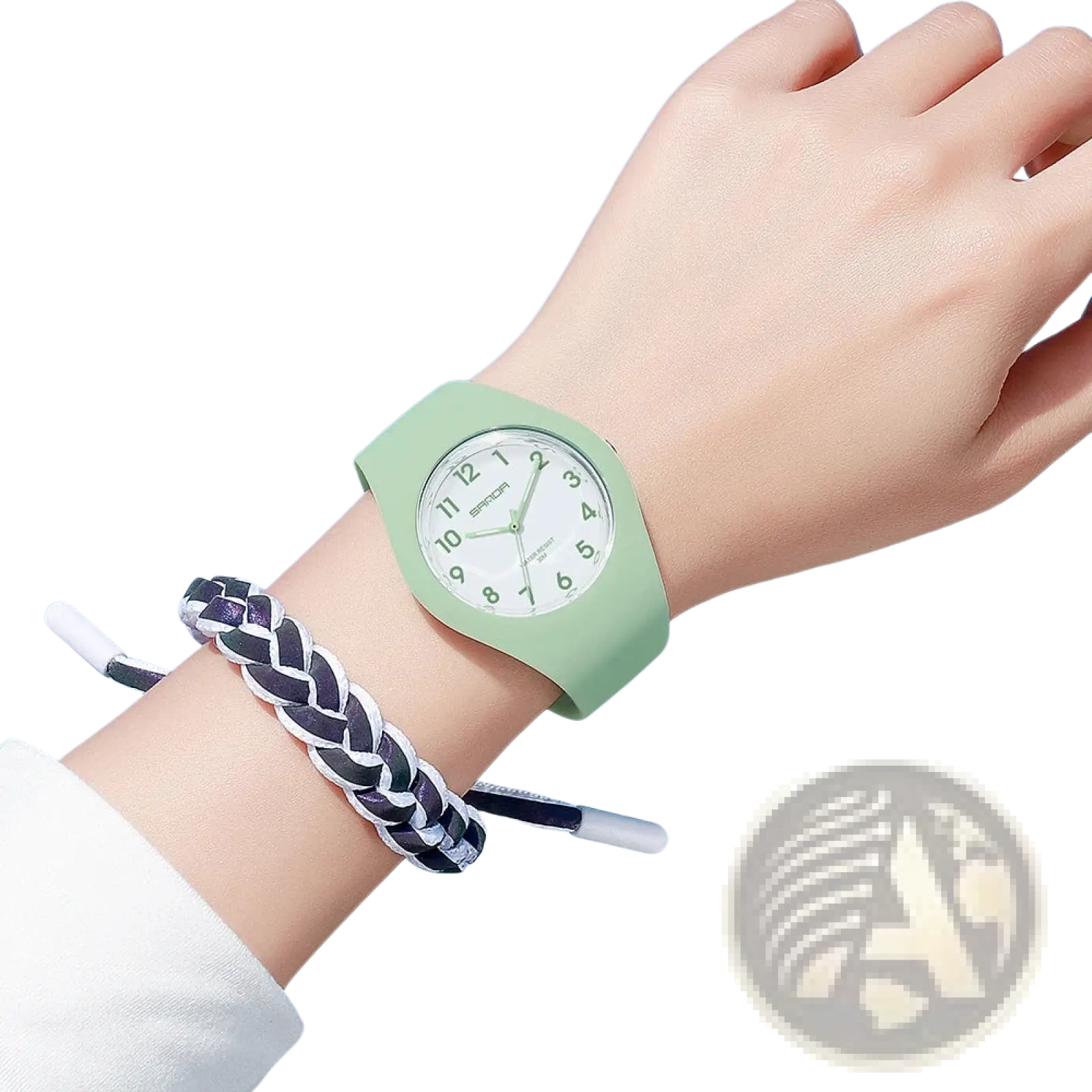 Sanda kids silicone quartz watch with mint green silicone band white face and black numerals