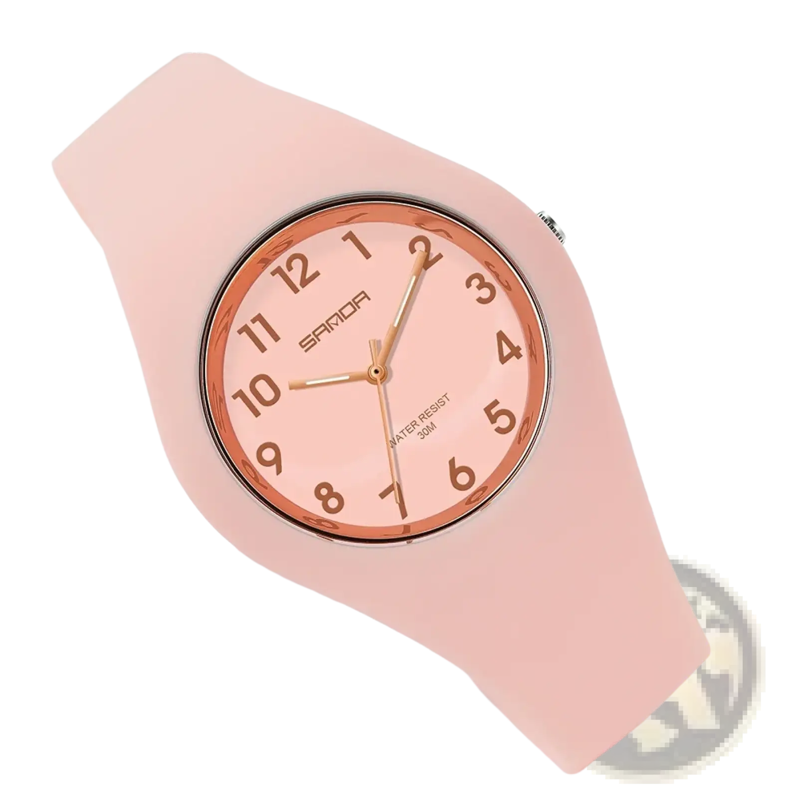 Sanda kids silicone quartz watch with pink silicone strap, matching pink face, rose gold-tone hands, and samoa logo