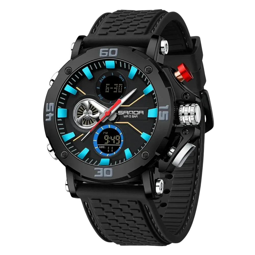 Black and blue Sanda men military sport watch with textured rubber strap and digital analog waterproof quartz display