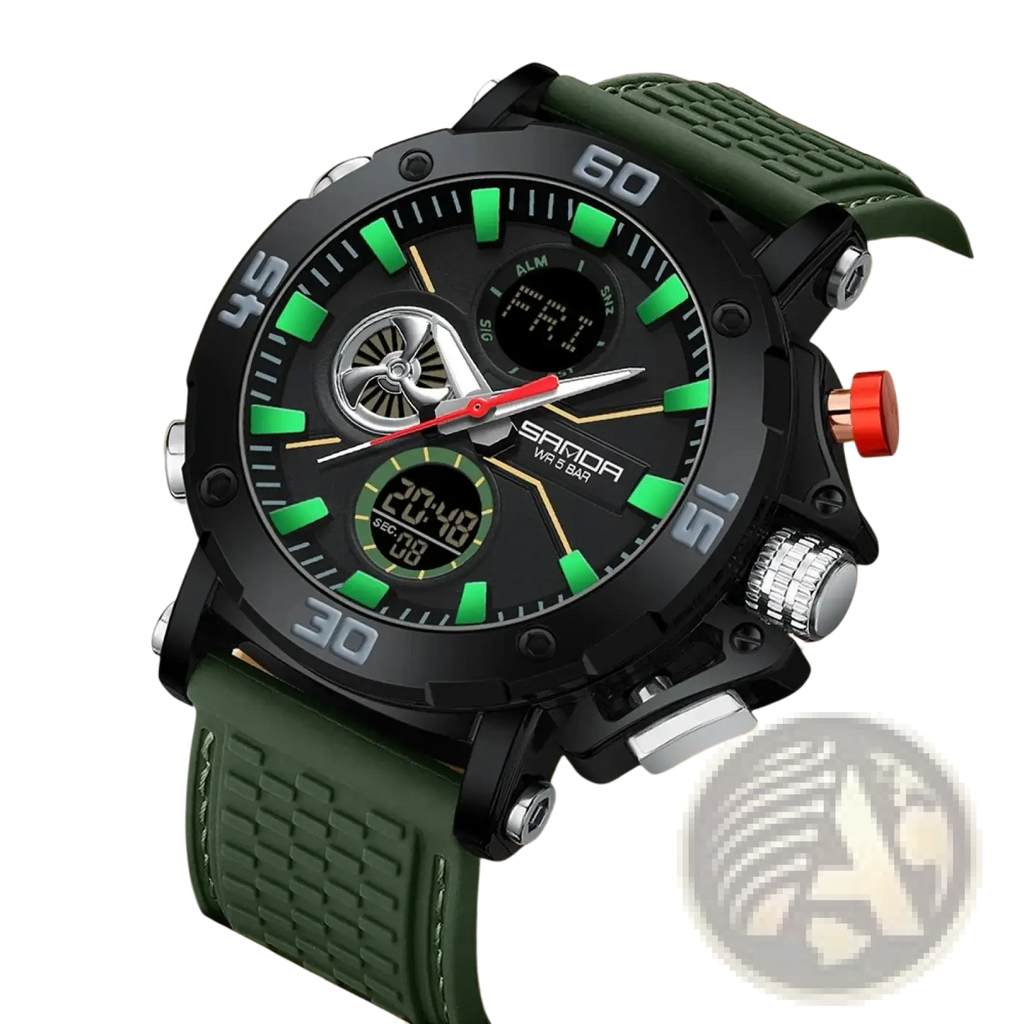 Black and green sanda men military sport watch with digital analog display textured rubber strap and red accent button