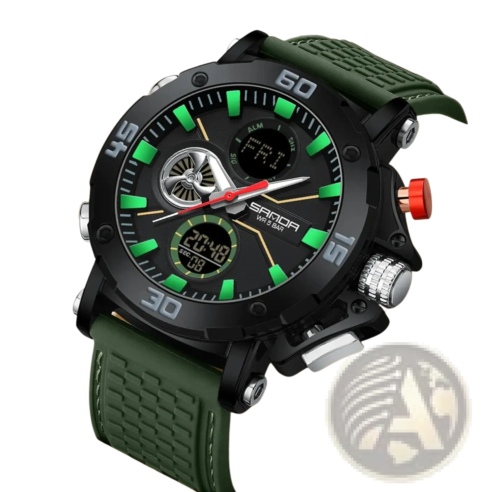 Black and green sanda men military sport watch with digital analog display textured rubber strap and red accent button