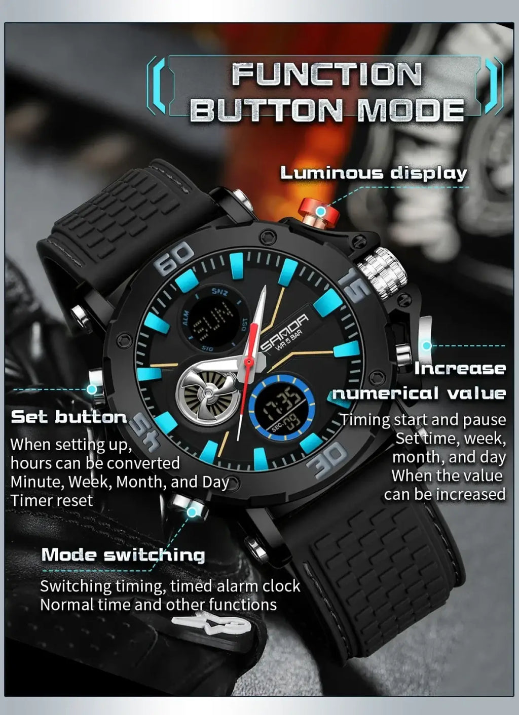 Sanda men military sport watch with black rubber strap, black dial, blue luminous markers, silver-tone bezel and pushers
