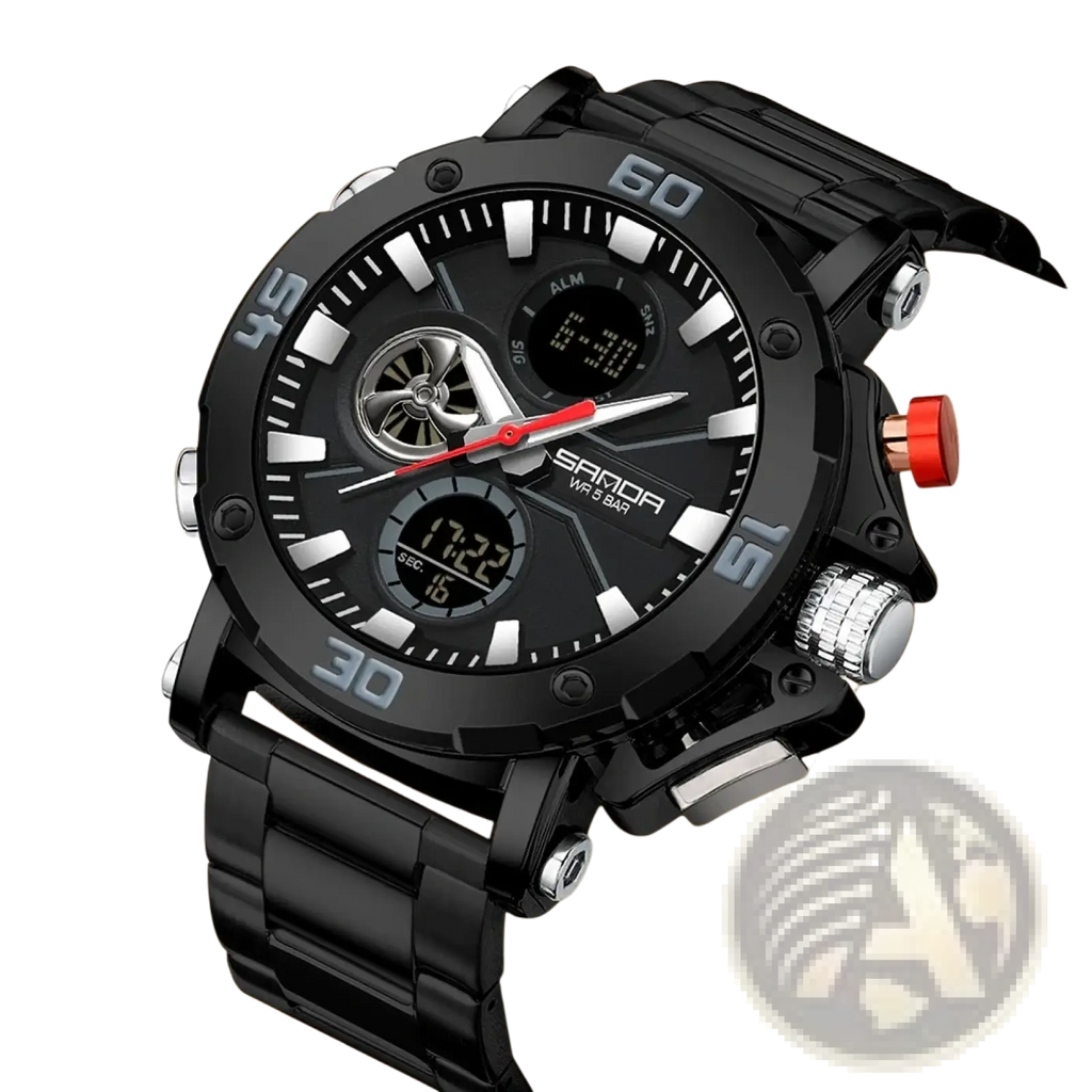 Black Samora men military sport watch with digital-analog display red second hand and silver-tone bezel and crown accents