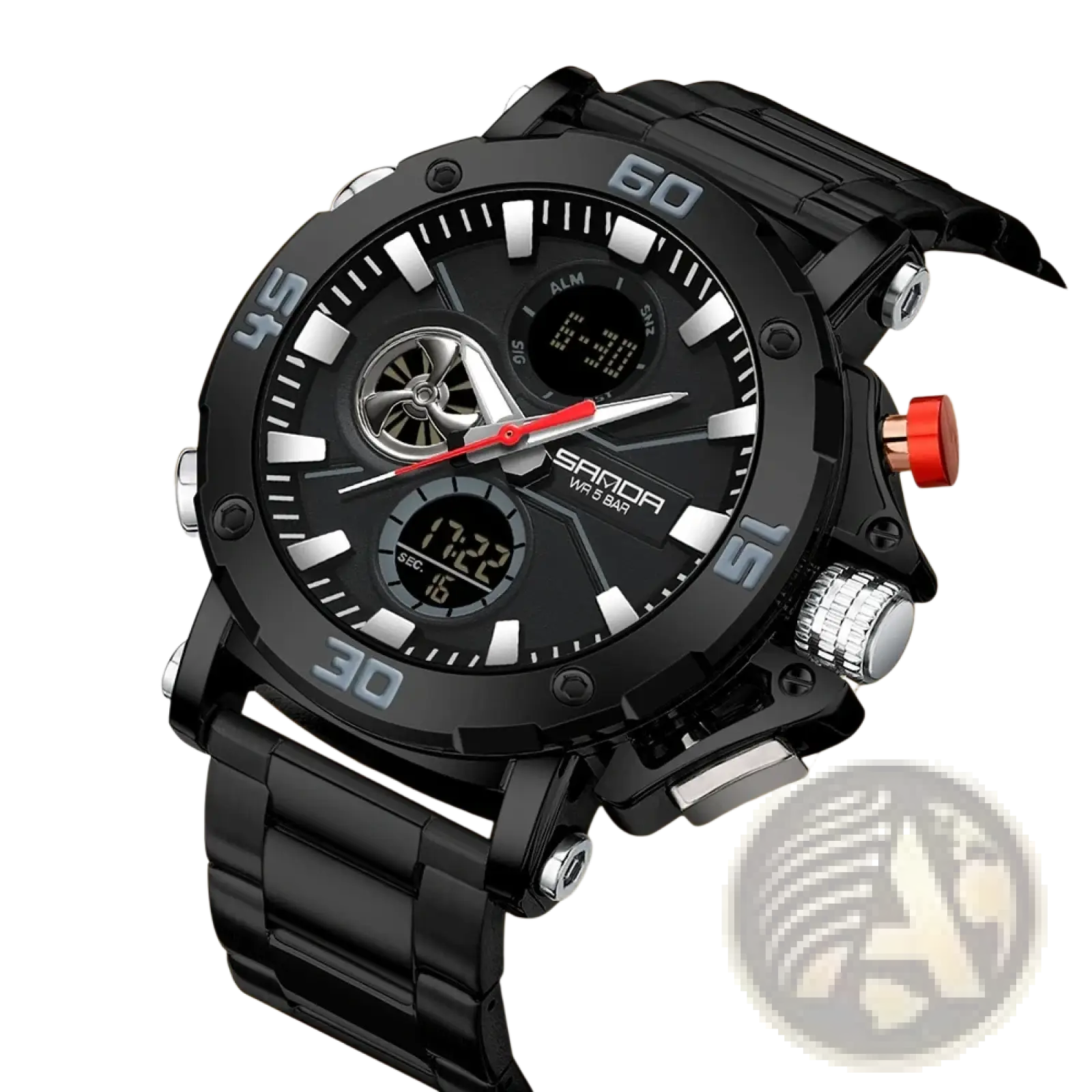 Black Samora men military sport watch with digital-analog display red second hand and silver-tone bezel and crown accents
