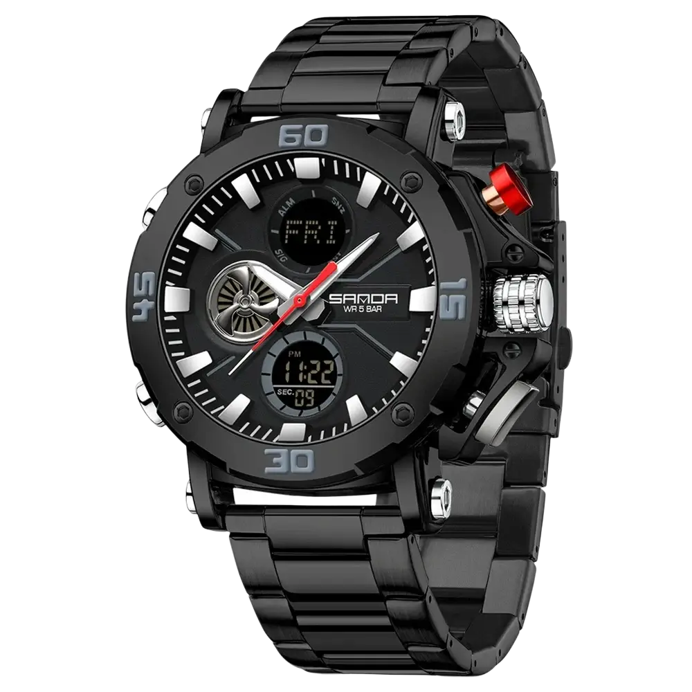 Black sanda men military sport watch with bold digital analog dial red crown accent and stainless steel bracelet