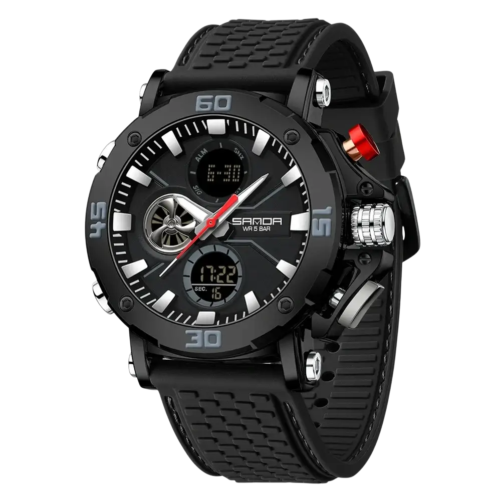 Black sanda men military sport watch with textured rubber strap and bold analog-digital face with silver accents