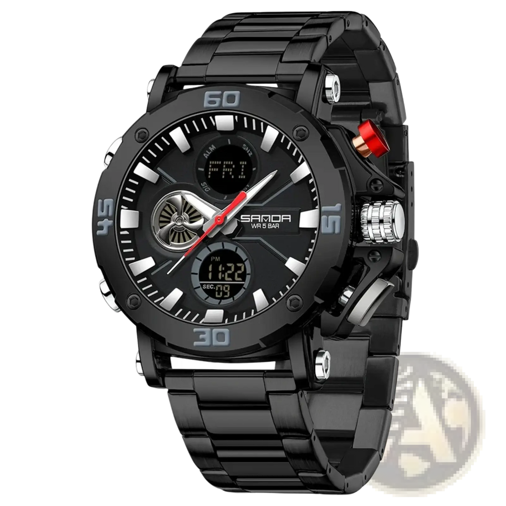 Black sanda men military sport watch with bold digital analog dial red crown accent and stainless steel bracelet