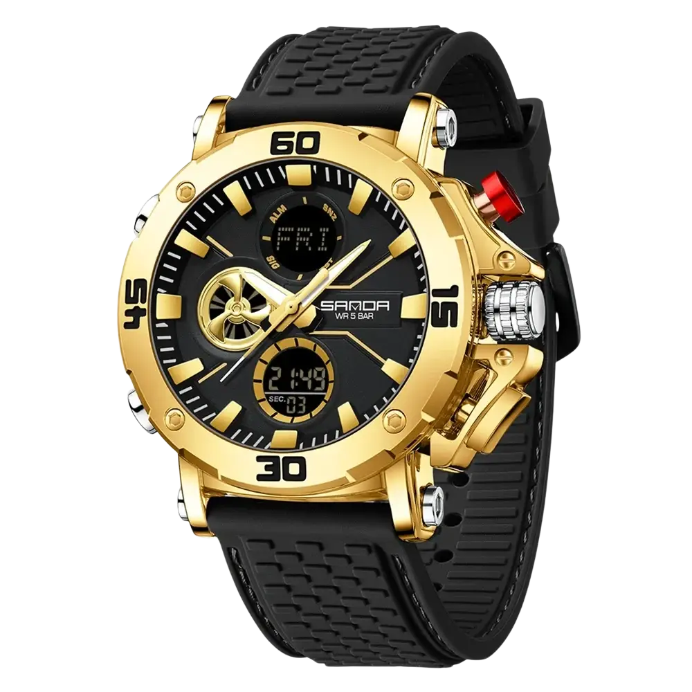 Gold-tone sanda men military sport watch with black dial digital-analog display and textured rubber strap