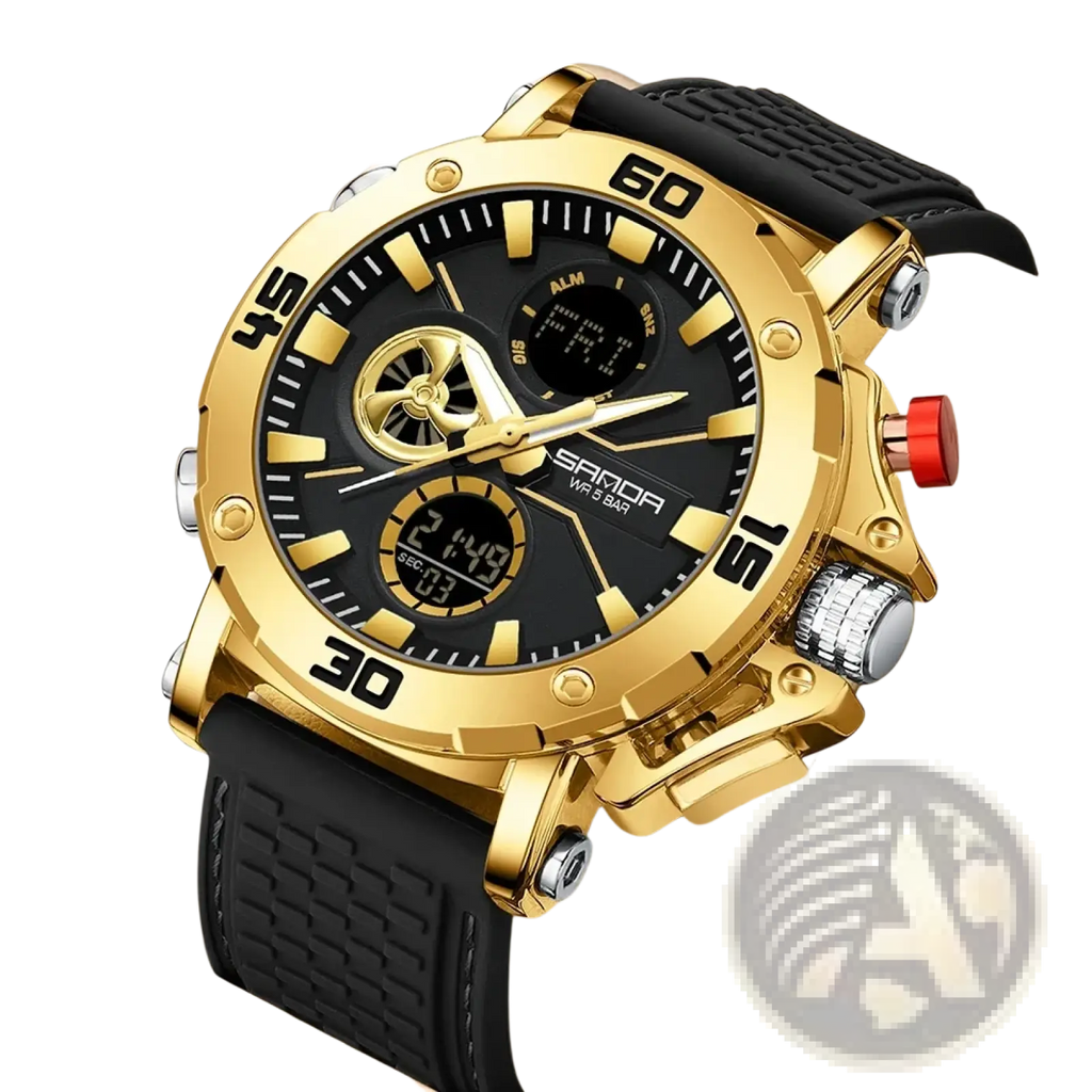 Gold-tone Sanda men military sport watch with black dial digital-analog display and textured black rubber strap