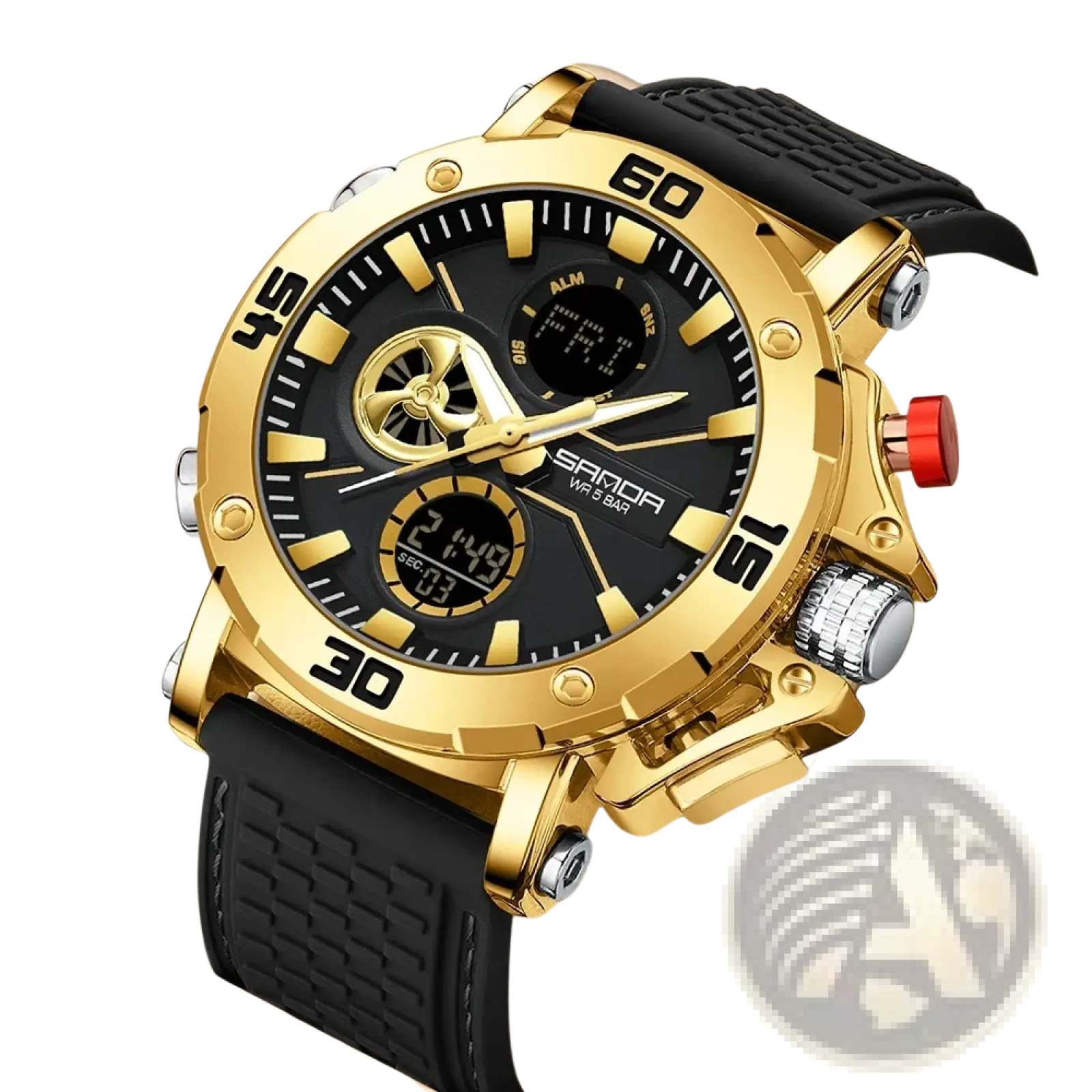 Gold-tone Sanda men military sport watch with black dial digital-analog display and textured black rubber strap