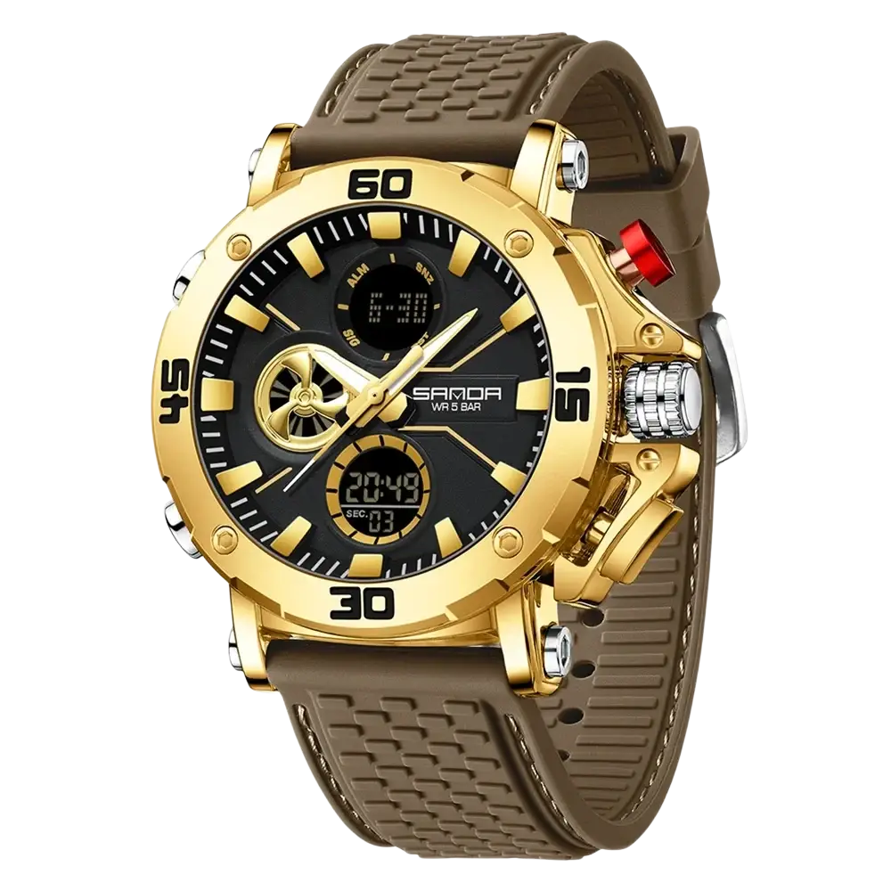Gold-tone sanda men military sport watch with black dial dual display brown rubber strap and multiple function buttons