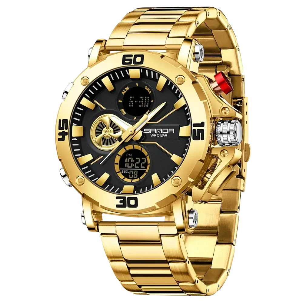 Gold-tone sanda men military sport watch with black dial gold accents and stainless steel bracelet waterproof quartz