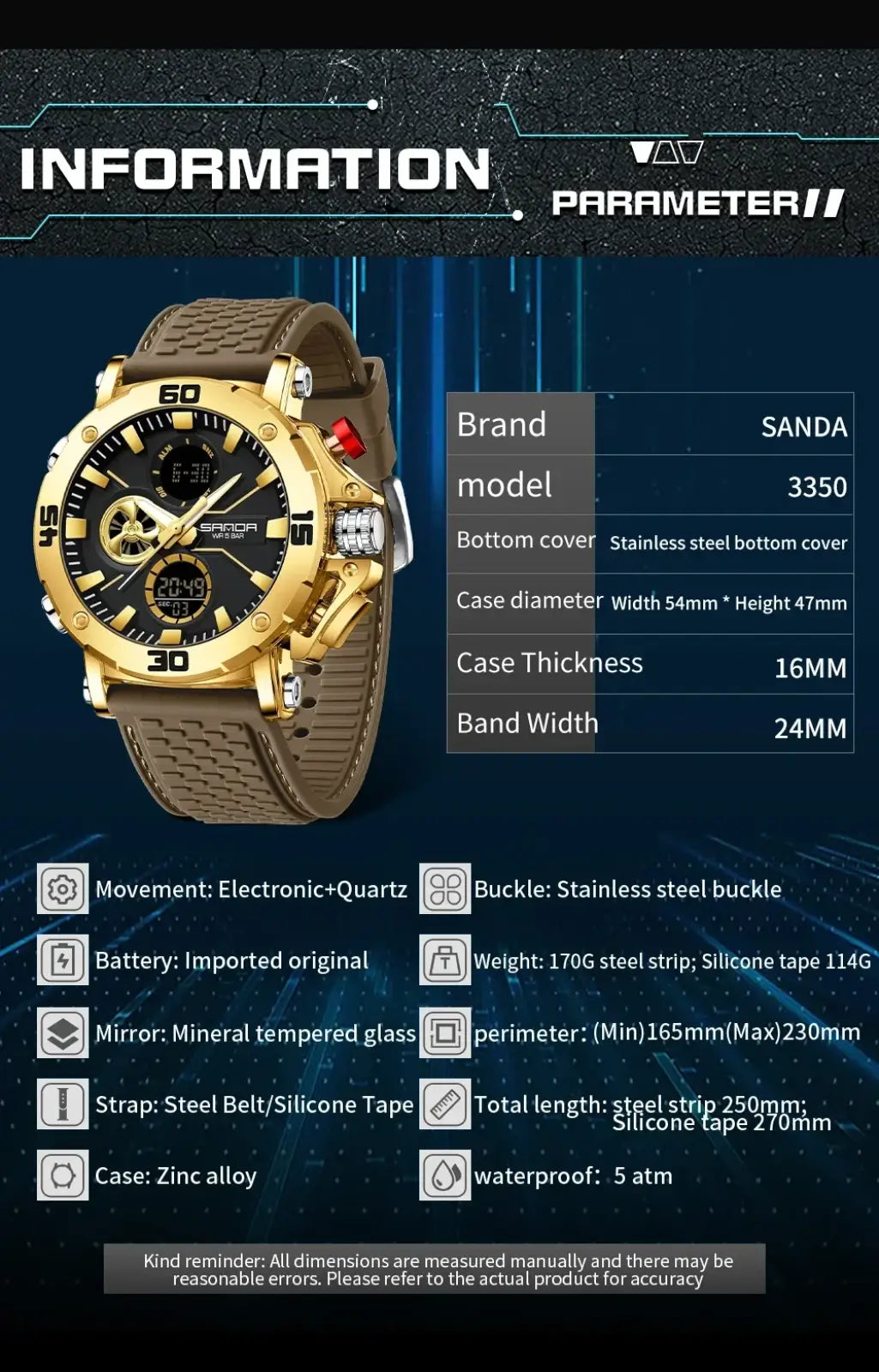 Gold-tone sanda men military sport watch with black dial stainless steel case and band waterproof quartz design