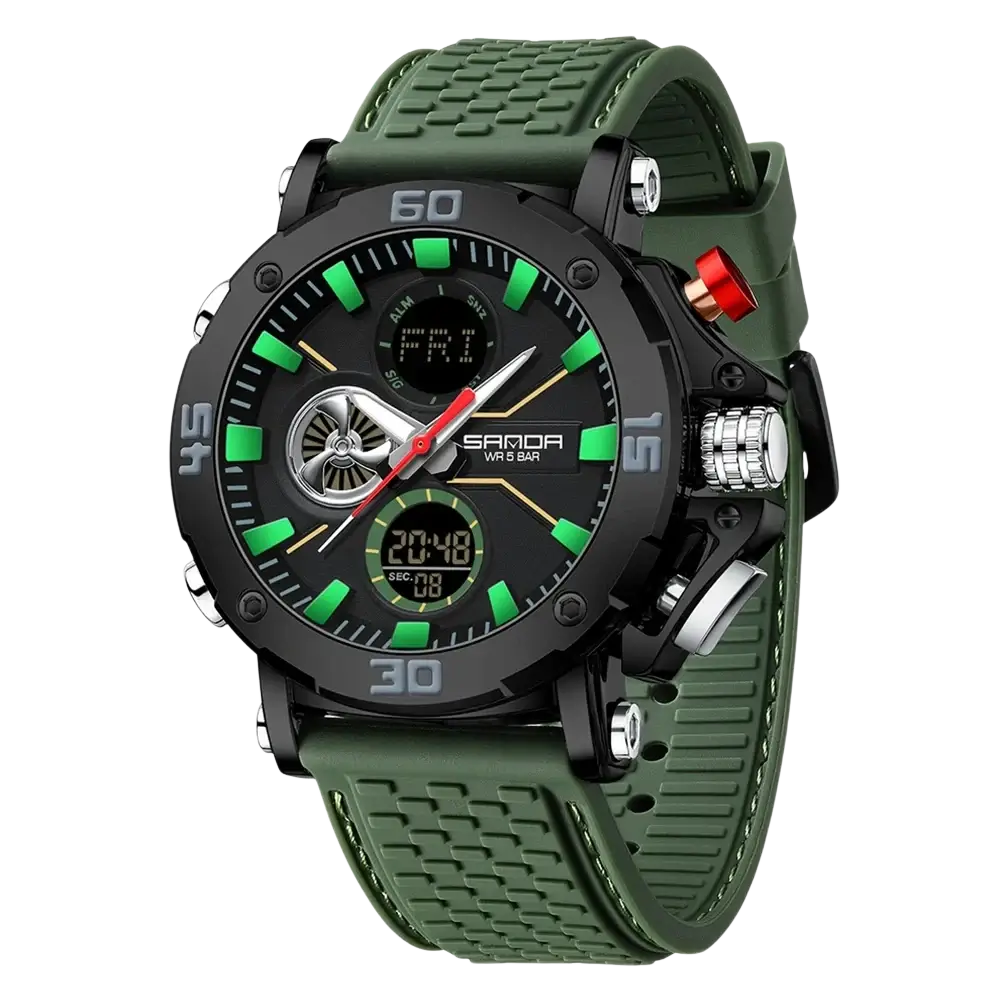 Olive green rubber strap sanda men military sport watch with black case and neon green digital-analog hybrid face