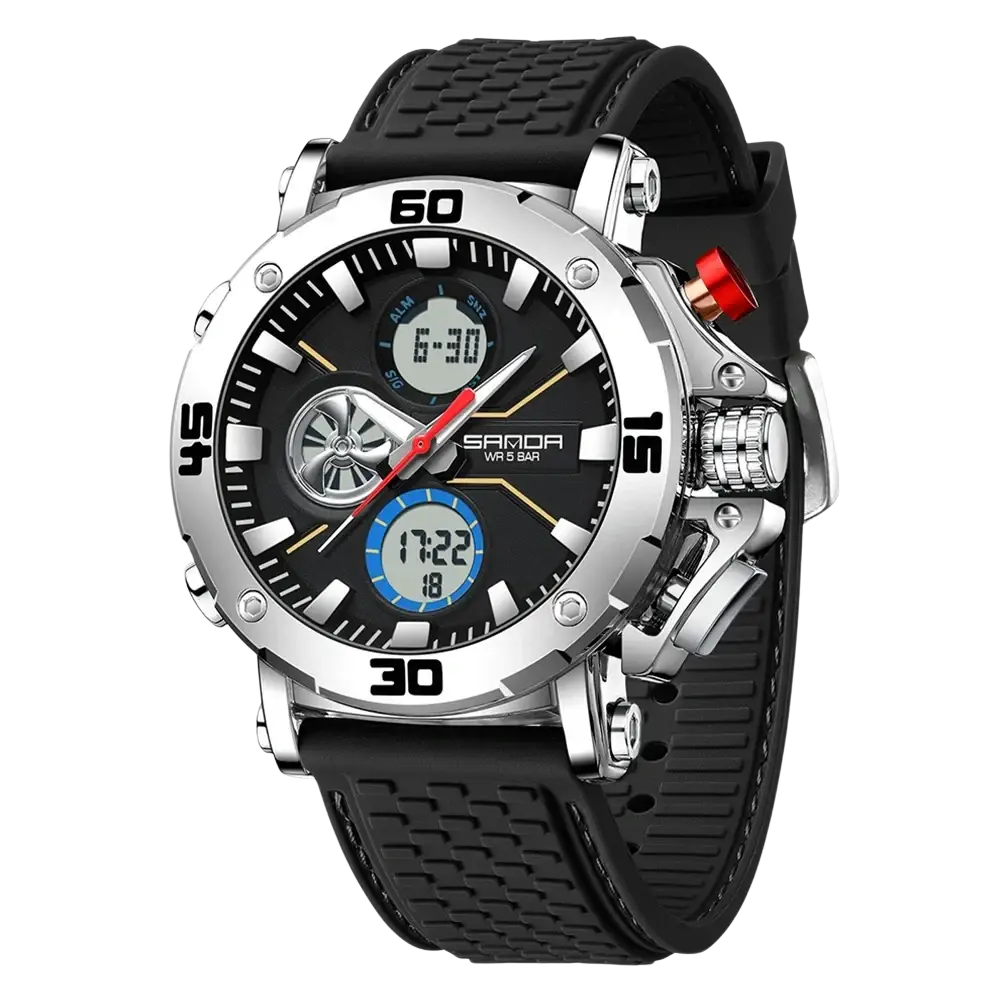 Samora sanda men military sport watch with black dial, silver case, digital display, red crown accent, and black rubber strap
