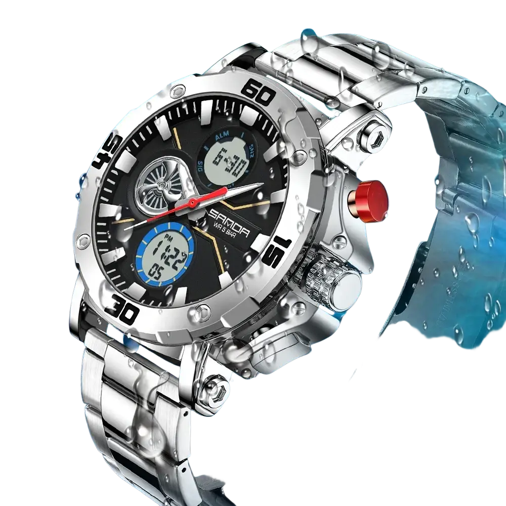 Silver metallic Sanda men military sport watch with black dial blue digital display and red accent button waterproof quartz