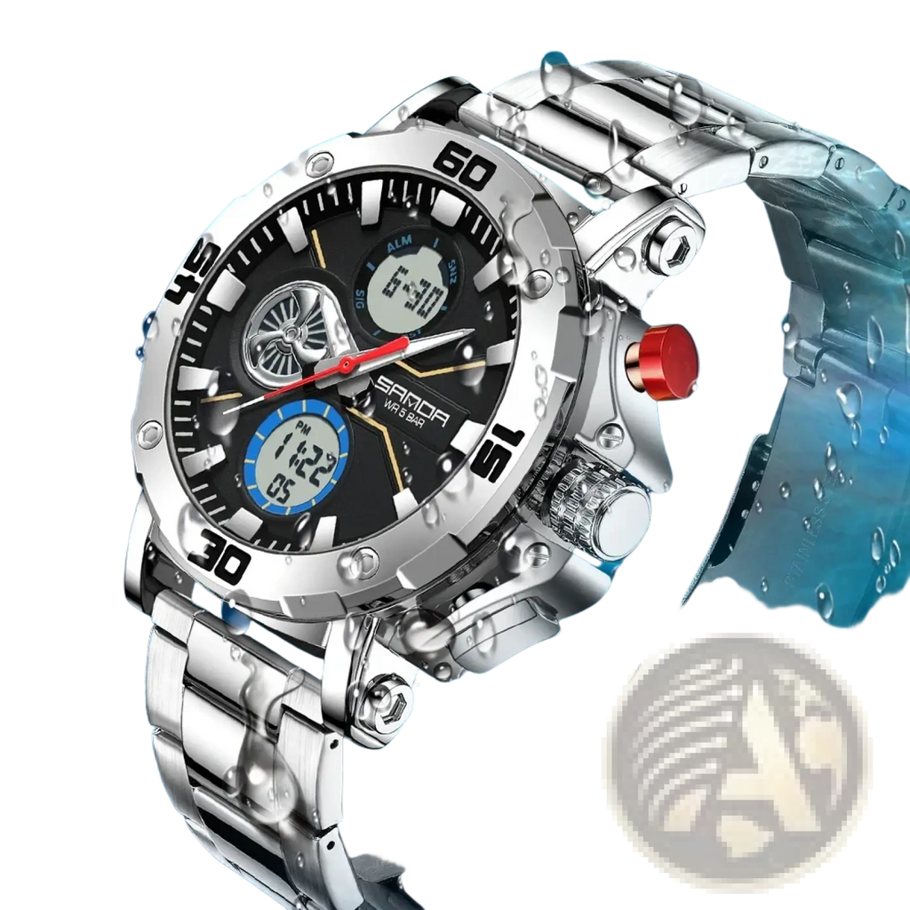 Silver metallic Sanda men military sport watch with black dial blue digital display and red accent button waterproof quartz