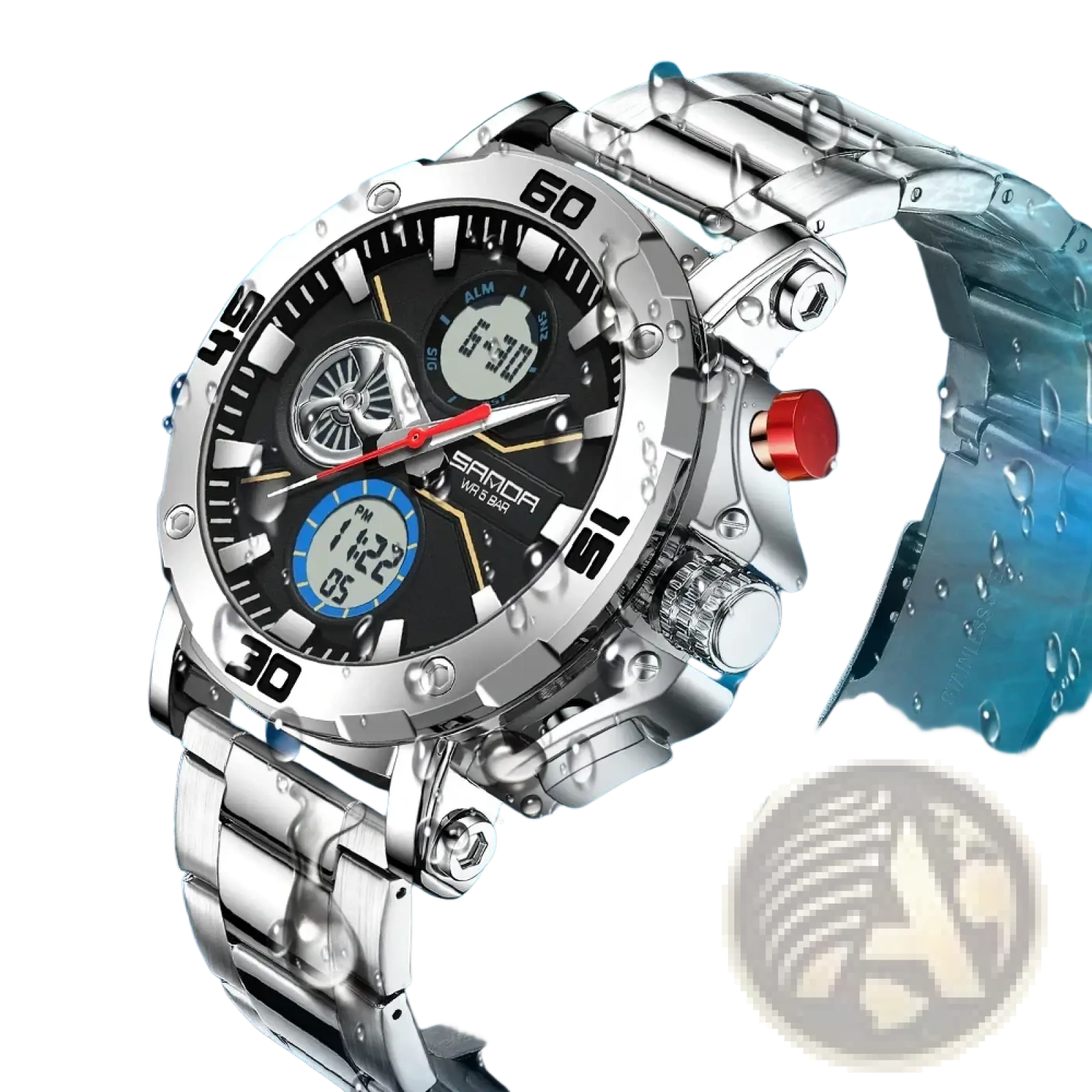 Silver metallic Sanda men military sport watch with black dial blue digital display and red accent button waterproof quartz