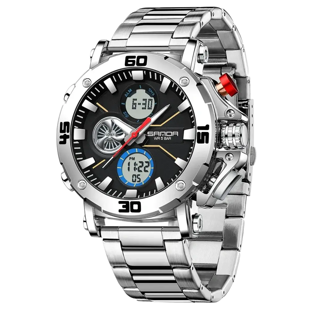 Silver-toned sanda men military sport watch with black dial, digital analog display, red second hand, stainless steel bracelet