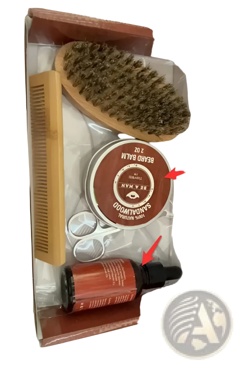 Beard balm in a round tin with a brown label and silver lid featuring sandalwood in a beard care kit with oil and tools