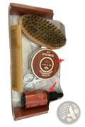 Beard balm in a round tin with a brown label and silver lid featuring sandalwood in a beard care kit with oil and tools