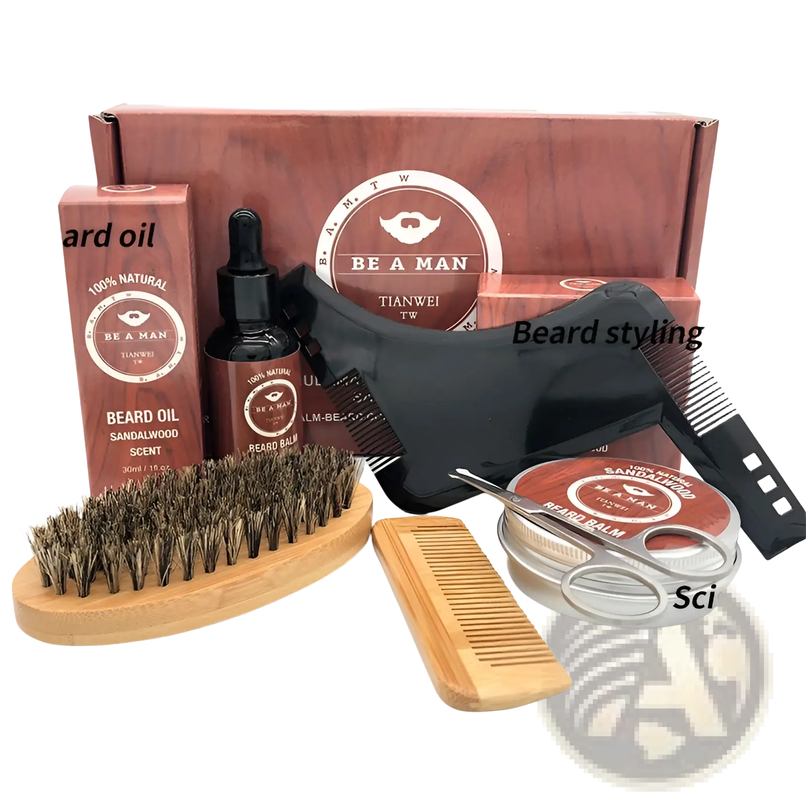 Sandalwood beard oil in a sleek dark glass dropper bottle with black cap and minimalist label from grooming kit