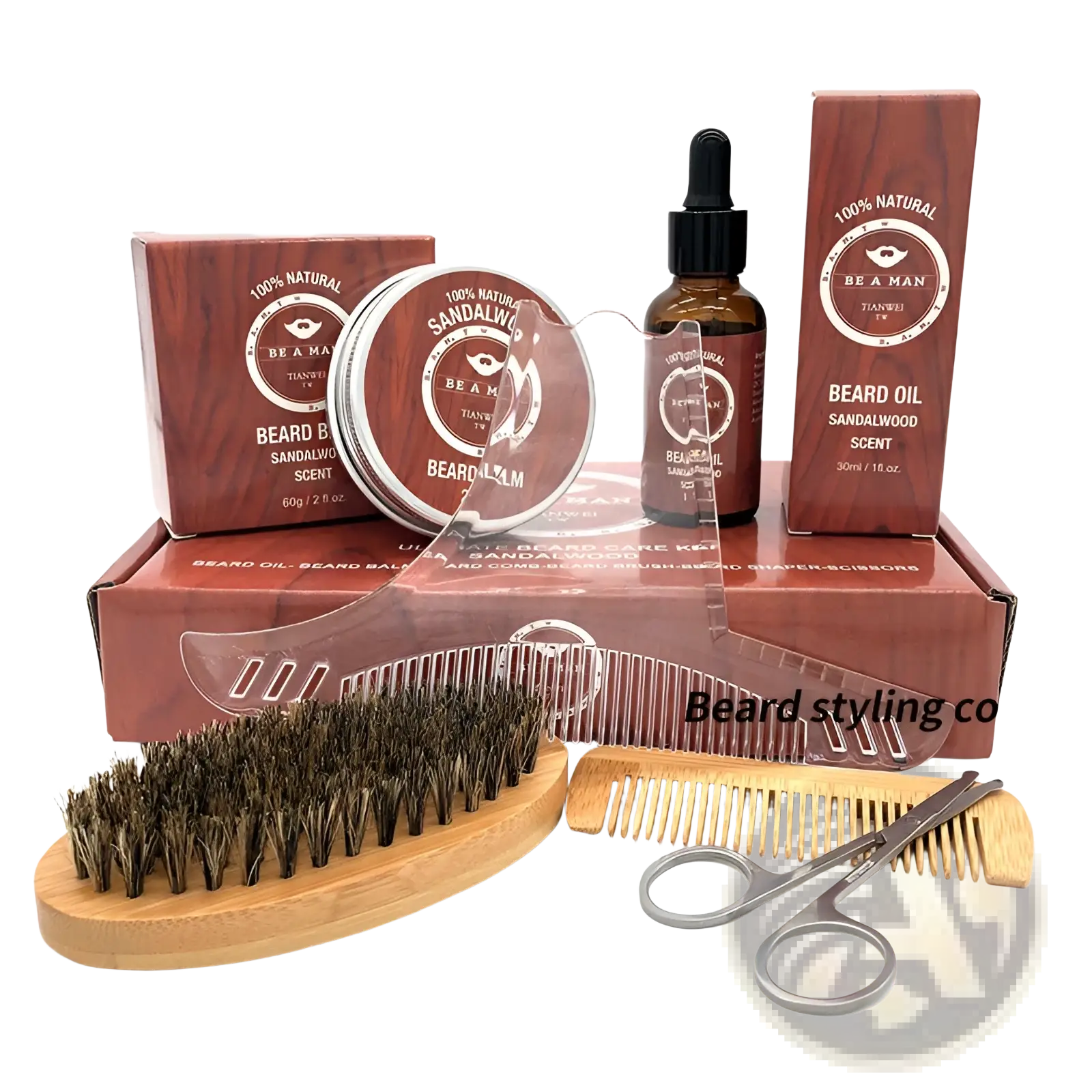 Wooden beard brush with dark brown bristles and natural wood handle in sandalwood beard care kit with oil and grooming tools