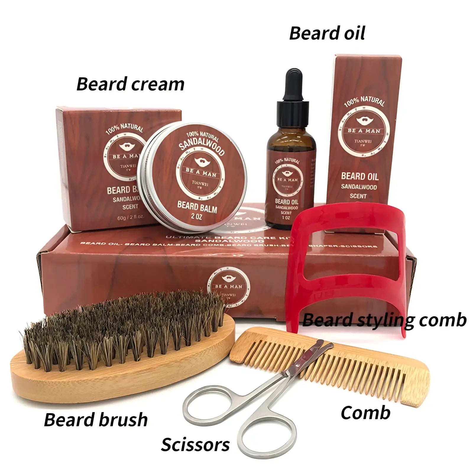 The be a man sandalwood beard care kit features brown packaging with a wooden brush, bamboo comb, scissors, and grooming products