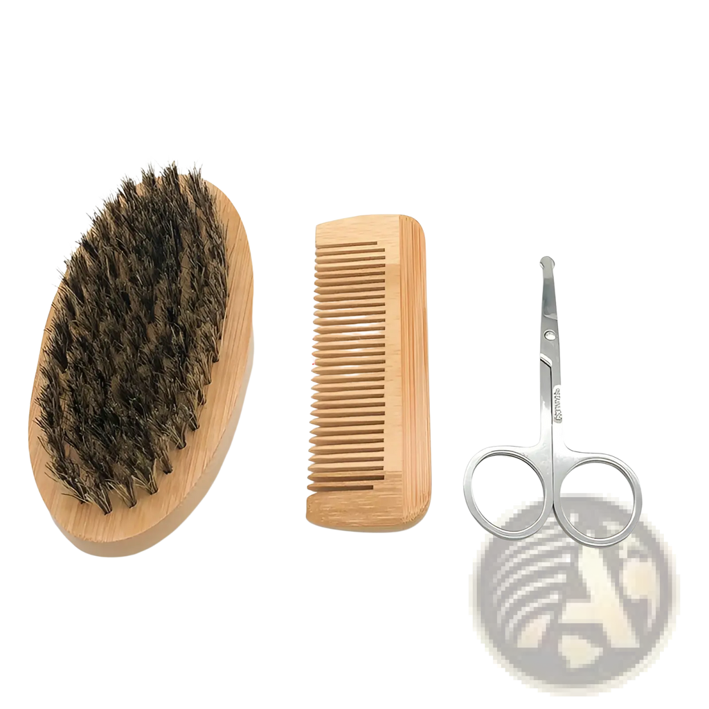 Natural wood-handled beard brush with dense dark brown bristles from sandalwood beard care kit with oil and grooming tools