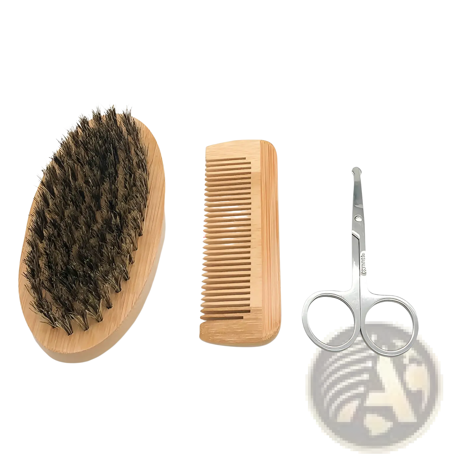Natural wood-handled beard brush with dense dark brown bristles from sandalwood beard care kit with oil and grooming tools