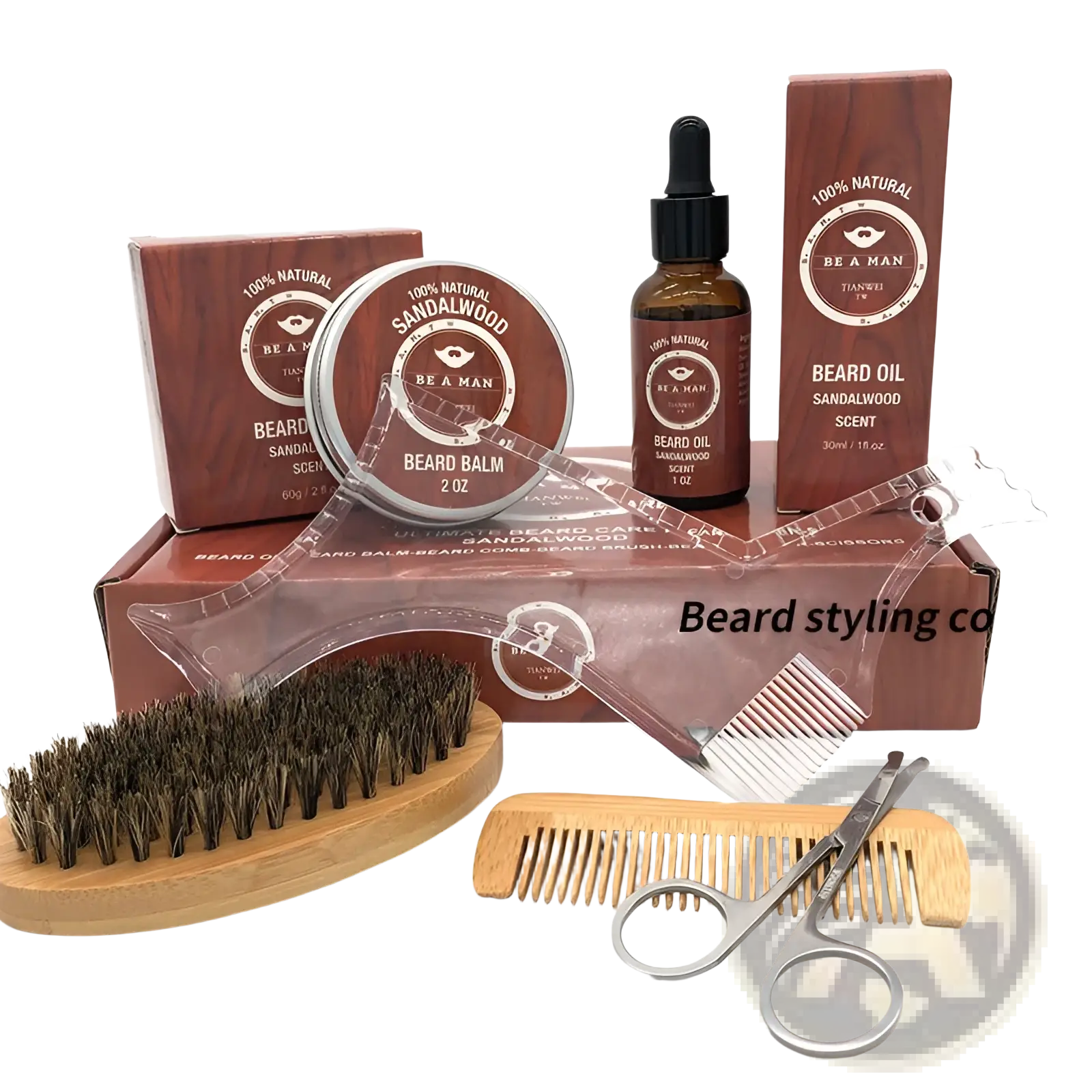Beard oil in a dark amber glass bottle with black dropper cap labeled sandalwood scent in sandalwood beard care kit