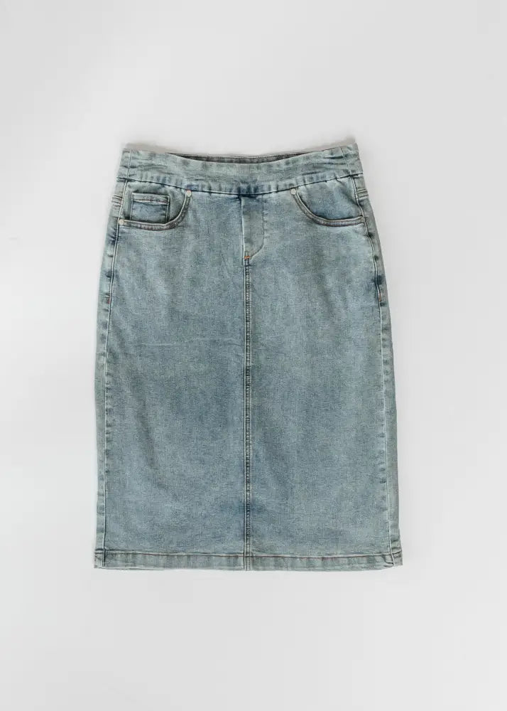 Sandra classic light wash straight denim midi skirt with a fitted cut and two front pockets in light-wash denim