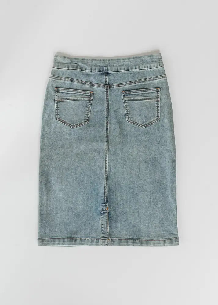 Sandra classic light wash straight denim midi skirt shown from back with classic pocket design and straight hem