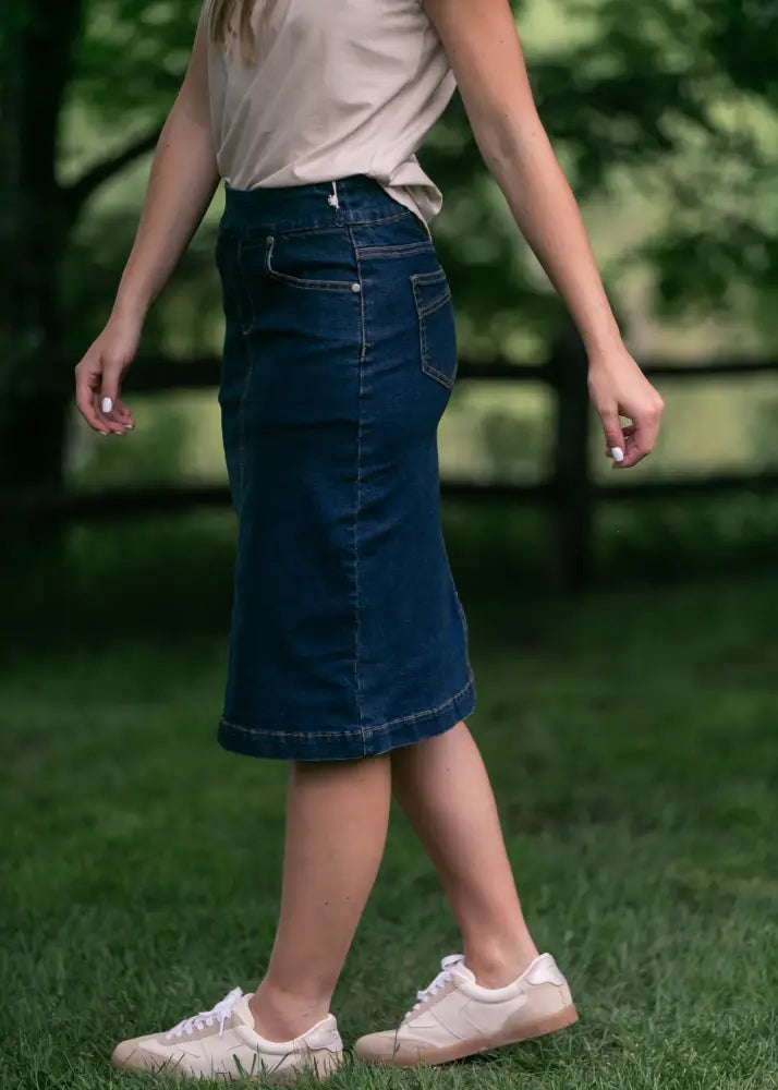 Sandra dark wash denim midi pencil skirt in dark blue with classic fit and visible stitching details