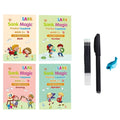 Set of four sank magic practice copybooks for kids with colorful cartoon covers labeled math number drawing and alphabet