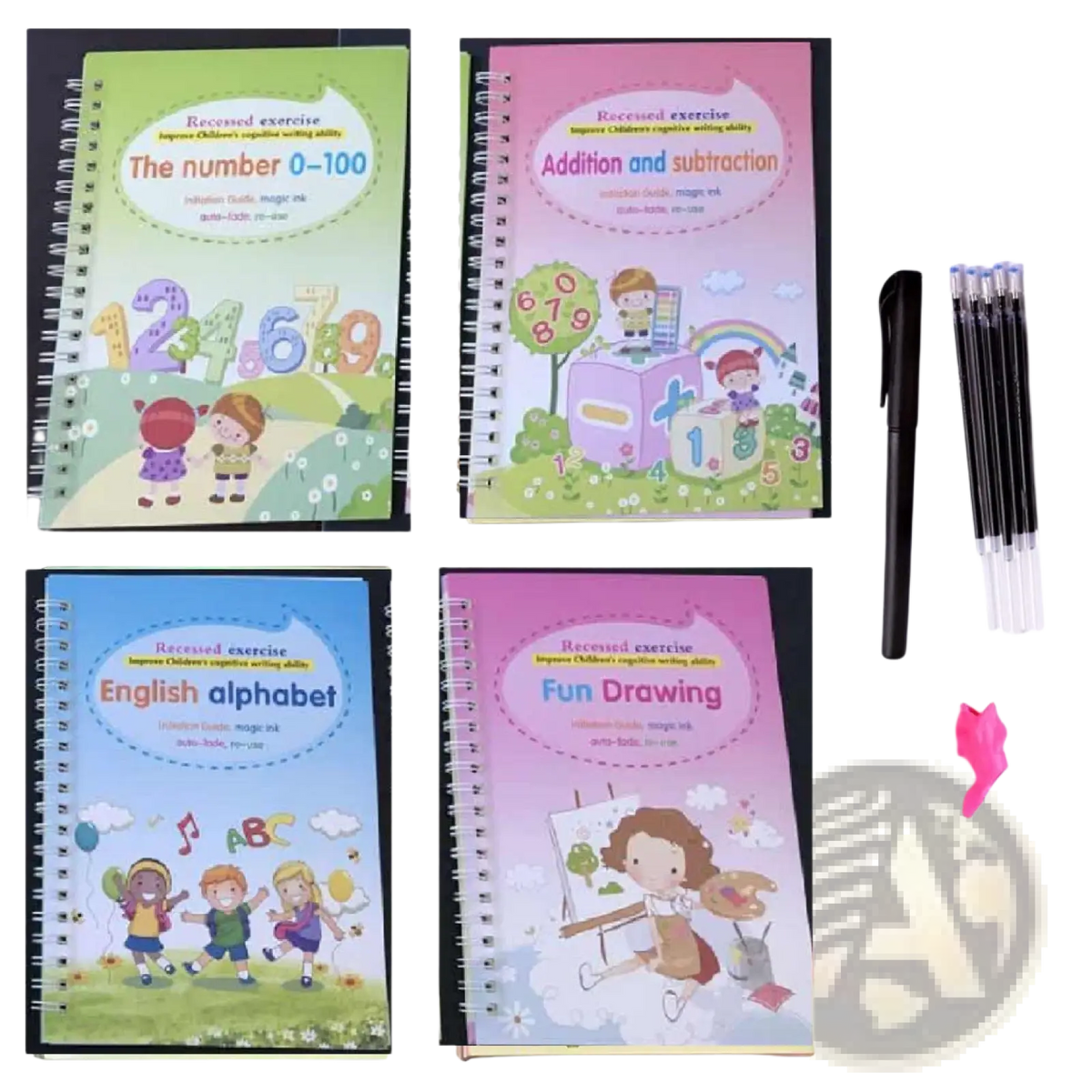 Set of four colorful Sank magic practice copybooks with spiral bindings for kids learning numbers, addition, alphabet, and drawing