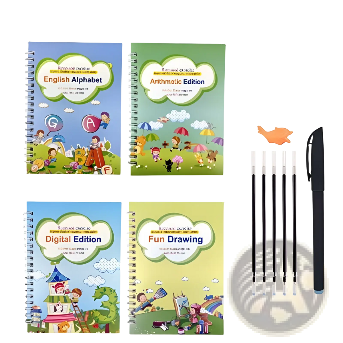 Set of four colorful spiral-bound sank magic practice copybooks for kids with black pens and ink cartridges