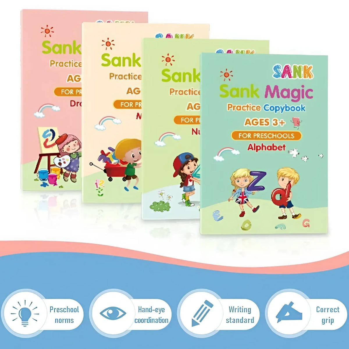 Sank magic practice copybook set 4 pack for kids with colorful cartoon illustrations and alphabet learning on light green cover