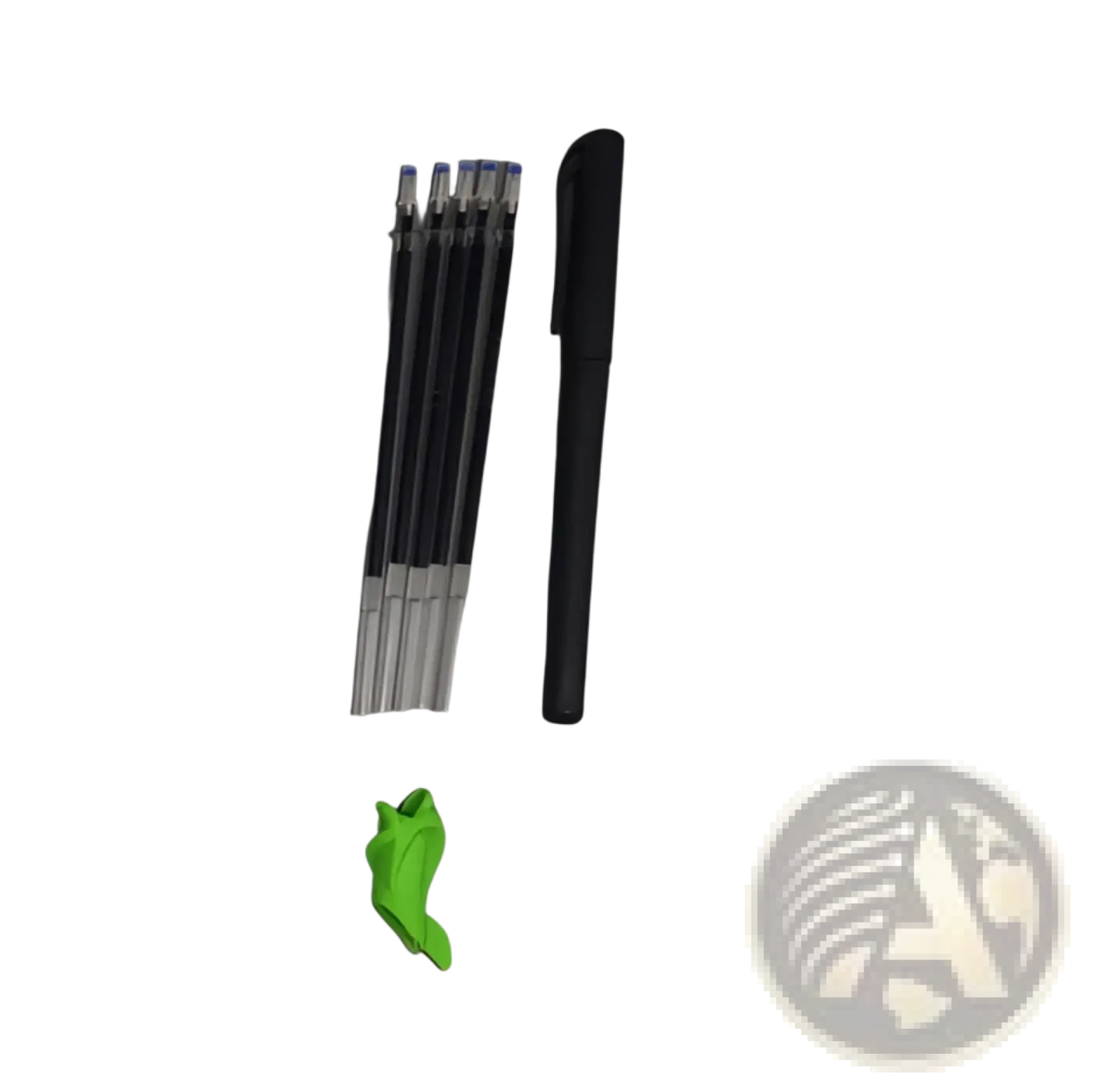 Black ballpoint pen with matching ink cartridges and neon green rubber eraser from sank magic practice copybook set for kids