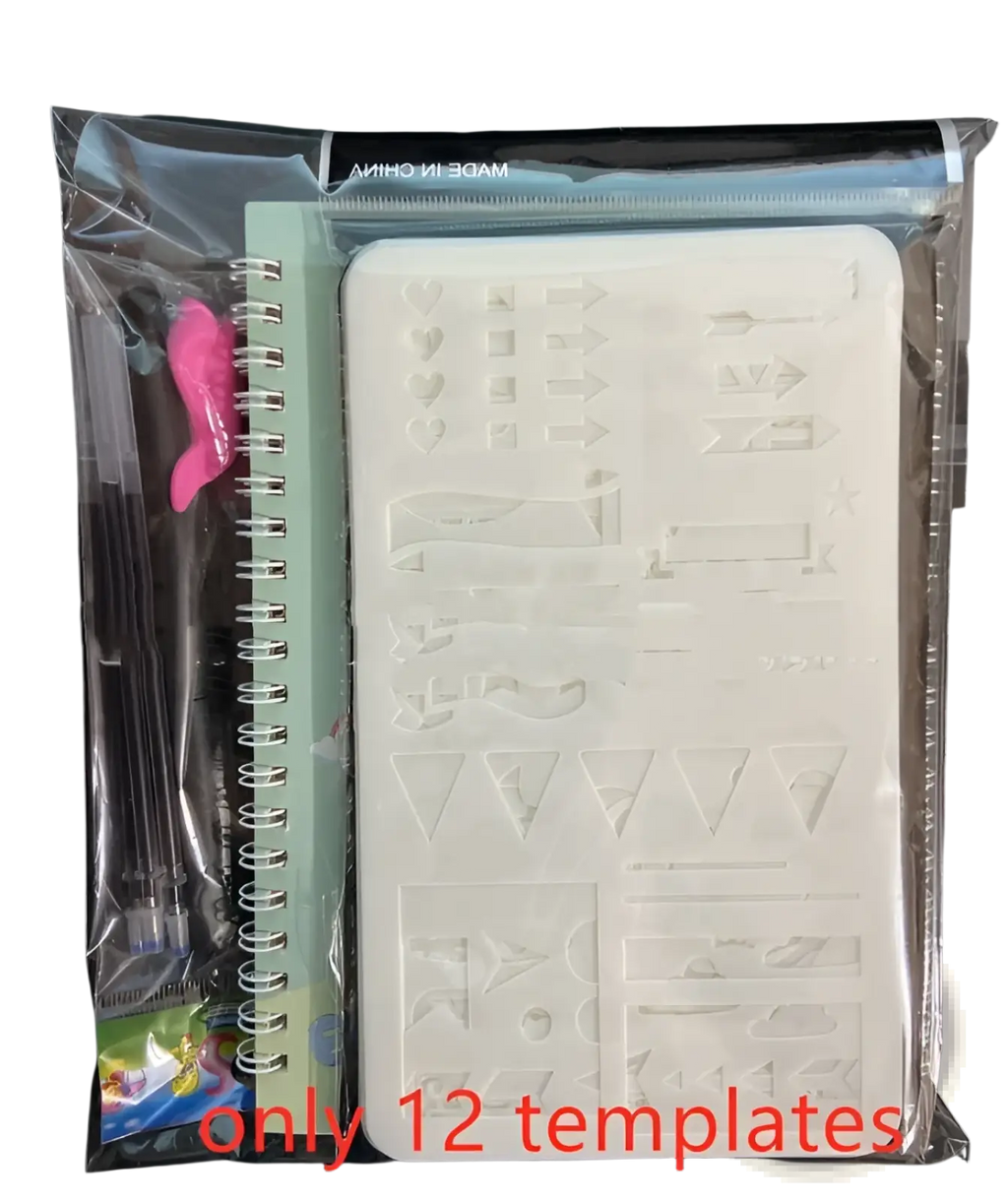 White plastic stencil set with embossed geometric patterns packaged with mint green spiral notebook and pink pen for kids