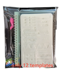 White plastic stencil set with embossed geometric patterns packaged with mint green spiral notebook and pink pen for kids