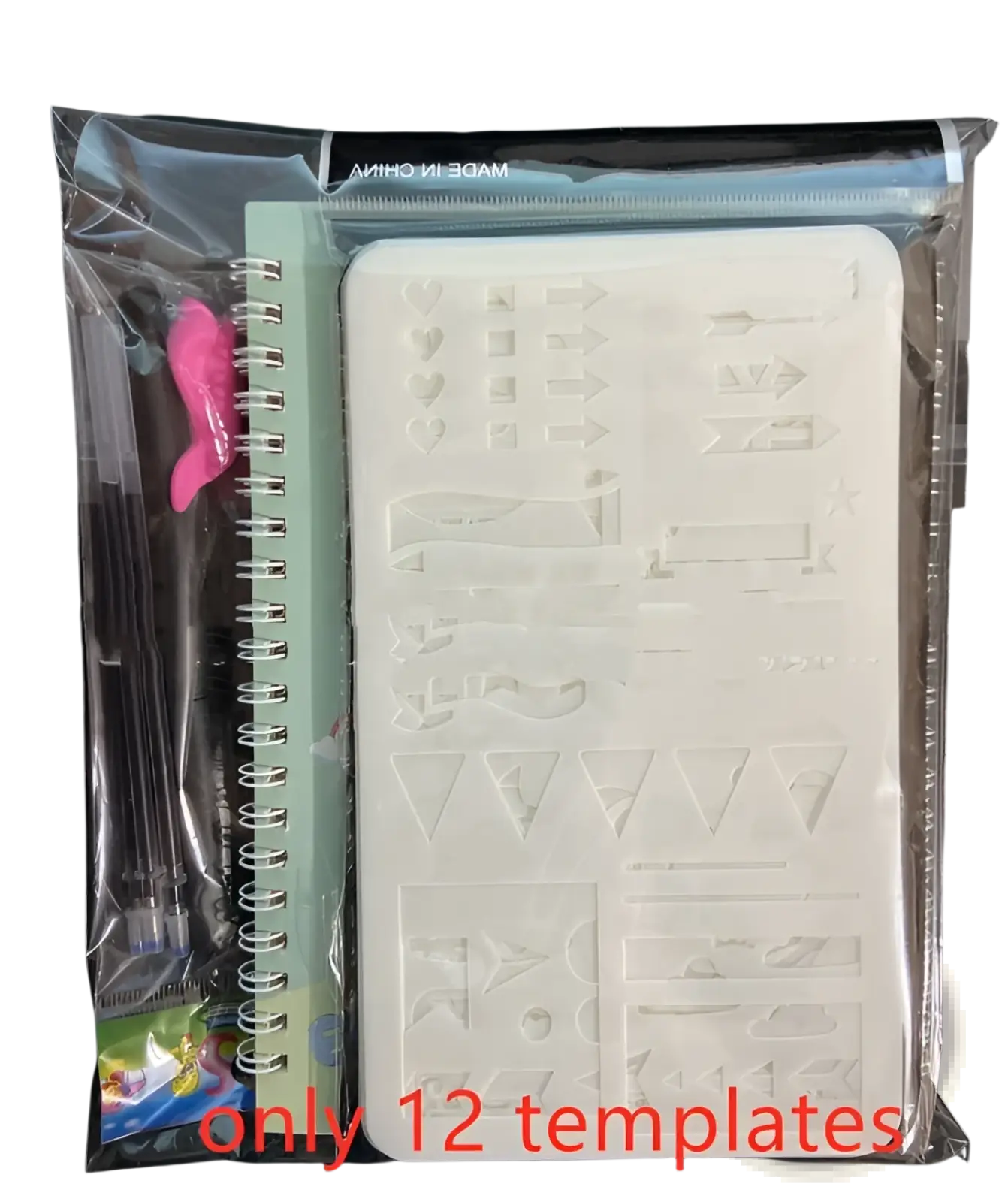 White plastic stencil set with embossed geometric patterns packaged with mint green spiral notebook and pink pen for kids