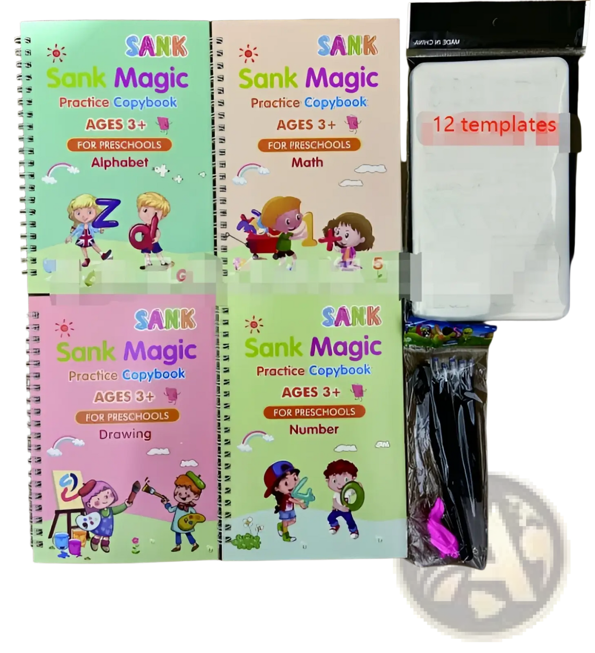 Four colorful spiral-bound sank magic practice copybooks for kids featuring alphabet math drawing and number themes