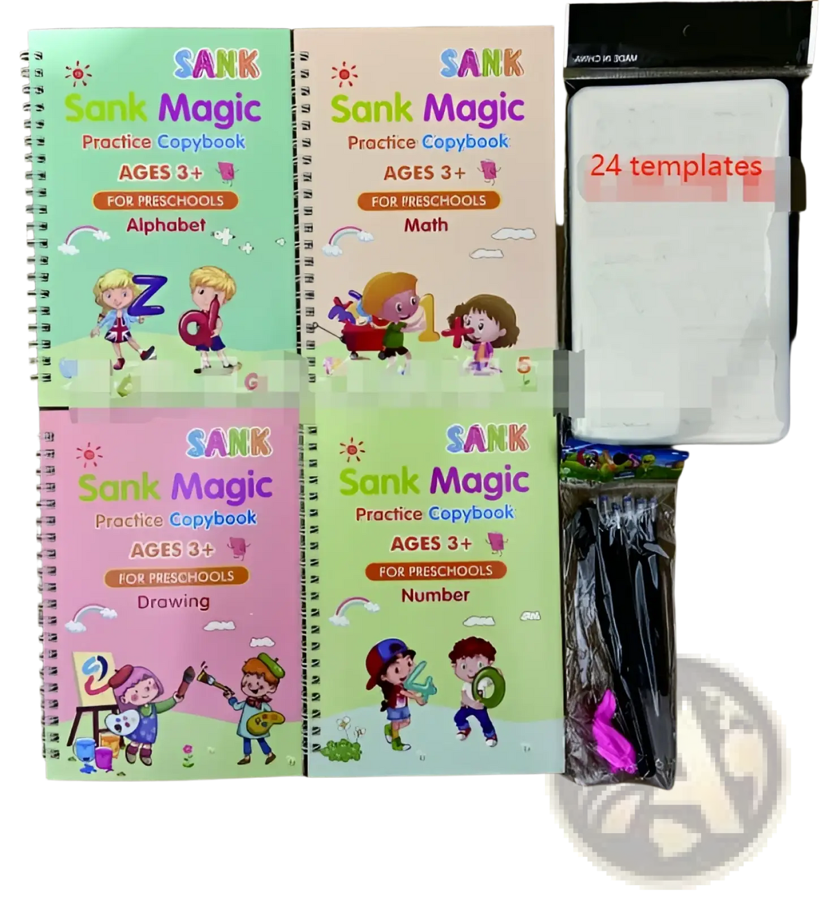 Set of four colorful sank magic spiral-bound practice copybooks for kids featuring alphabet, math, drawing, and numbers