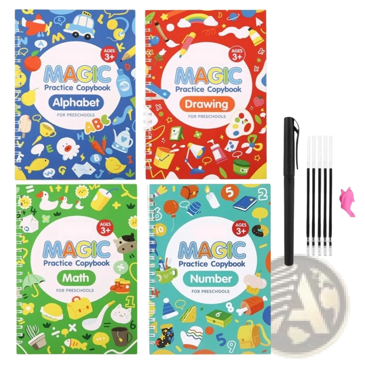 Set of four colorful spiral-bound sank magic practice copybook activity books for preschoolers with alphabet math drawing covers