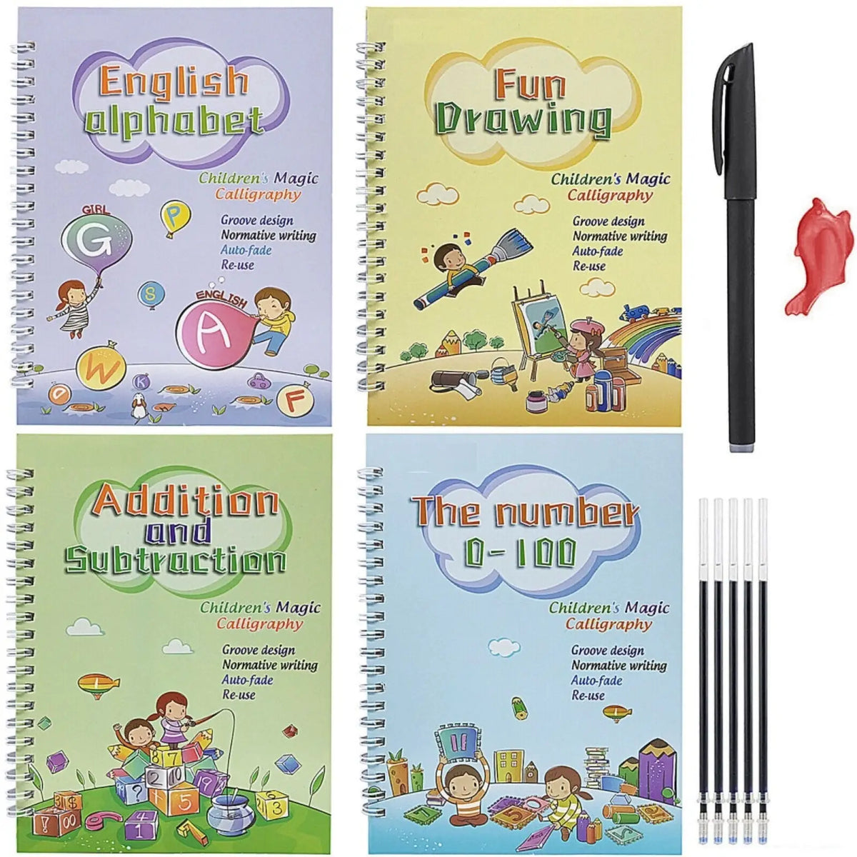 Children’s magic calligraphy workbook set featuring four colorful spiral-bound sank magic practice copybooks for preschoolers
