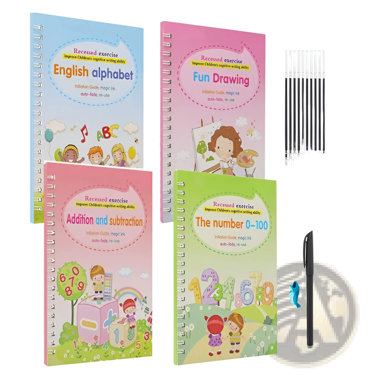 Set of four colorful spiral-bound Sank Magic Practice Copybooks for kids with magnetic ink for alphabet and math activities